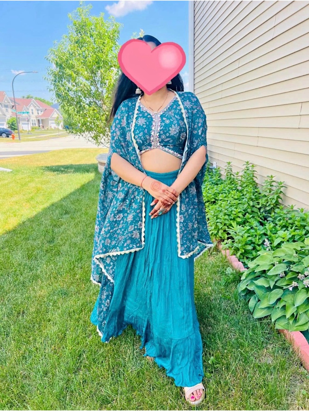 Teal Floral Lehenga Maxi Set with Matching Cape